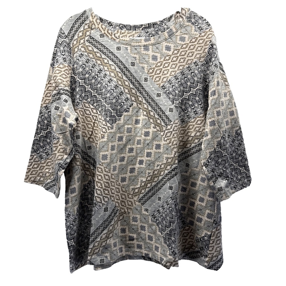 Denim & Co Canyon Retreat Women Top Size 1X Plus Gray Tan Southwest Art Pullover